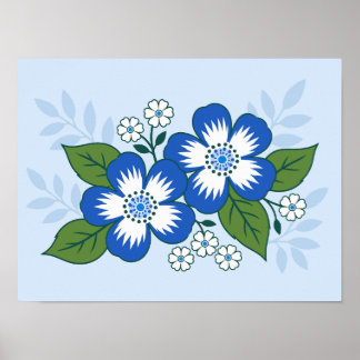 Poster Illustration botanique florale bleue et blanche