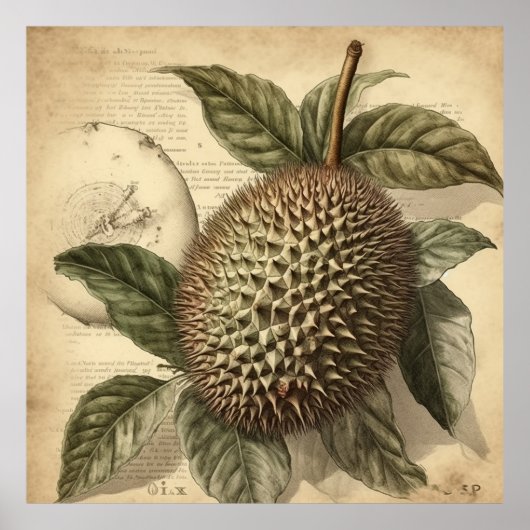 Poster Illustration botanique vintage d'un fruit durian (Devant)