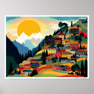 POSTER ILLUSTRATION CHARMANTE 'VILLAGE ALPIN'