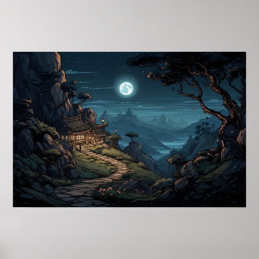 Poster Illustration chemin sinueux vers le chalet de mont (Devant)