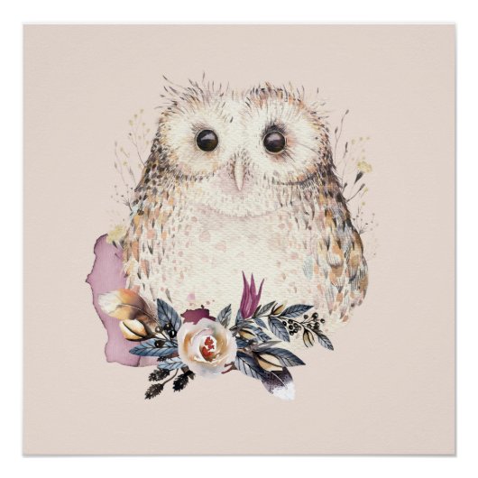 Poster Illustration chic Pastel Flower Owl Animal Boho (Devant)