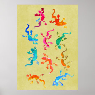 Poster Illustration colorée de l'aquarelle geckos