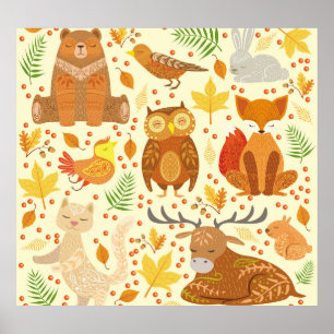 Poster Illustration d'animaux de forêt ornementaux.