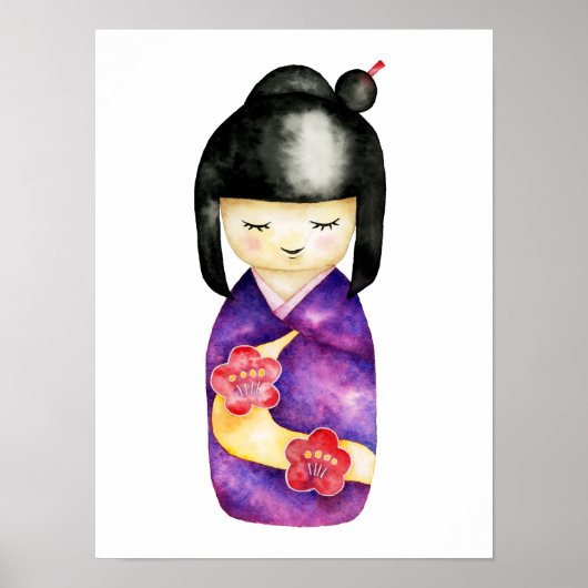 Poster Illustration d'aquarelle de poupée Kokeshi japonai (Devant)