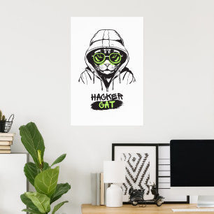 Poster Illustration de chat hacker mignon – Cadeau de cyb