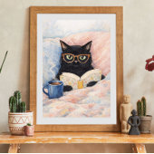 Poster illustration de chat lisant | art de chat noir | c