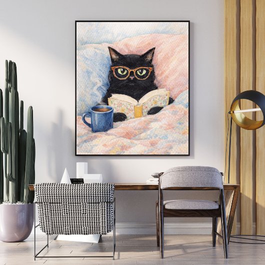Poster illustration de chat lisant | art de chat noir | c