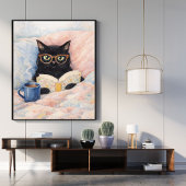 Poster illustration de chat lisant | art de chat noir | c