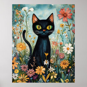 Poster Illustration de chat noir fantaisiste avec fleurs