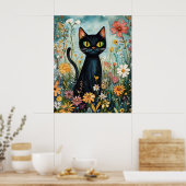 Poster Illustration de chat noir fantaisiste avec fleurs (Cuisine)