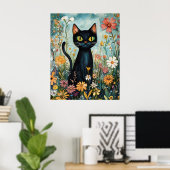 Poster Illustration de chat noir fantaisiste avec fleurs (Bureau à domicile)