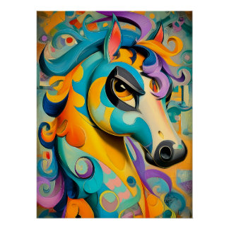 Poster Illustration de chevaux abstraits en couleurs vive