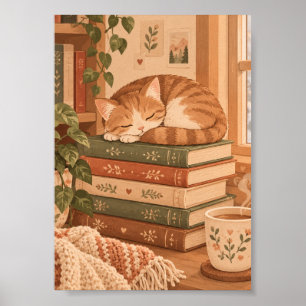 Poster Illustration de coin de lecture cosy avec un chat