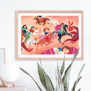 Poster Illustration de conte de fées rose pour enfants fé