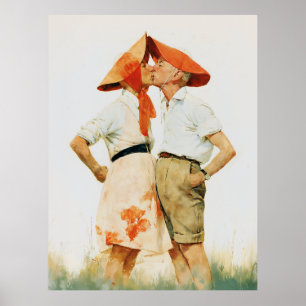 Poster Illustration de couple vintage fantaisiste s'embra