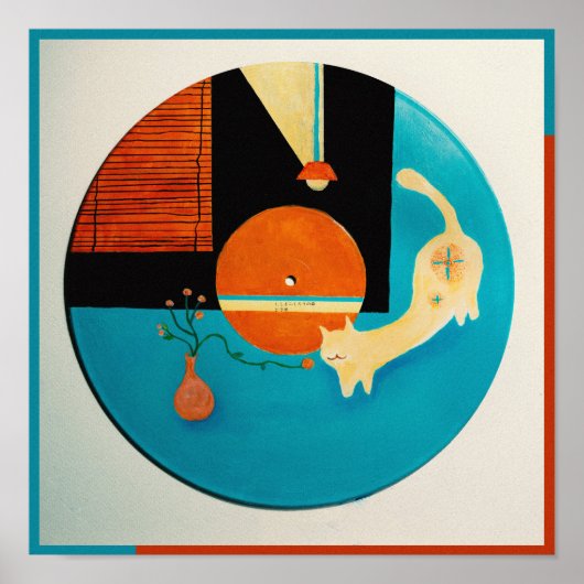 Poster Illustration de disque rétro de chat qui s'étire (Devant)