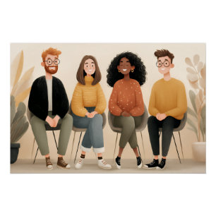 Poster Illustration de divers amis assis ensemble dans un