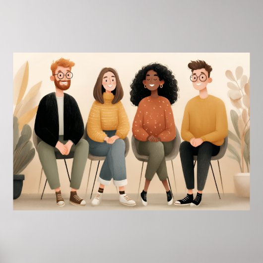 Poster Illustration de divers amis assis ensemble dans un (Devant)