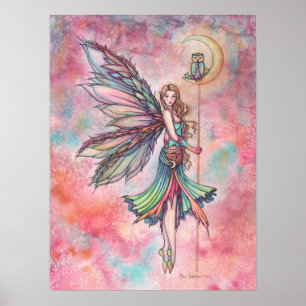 Poster Illustration de fantaisie de fée et de hibou par M