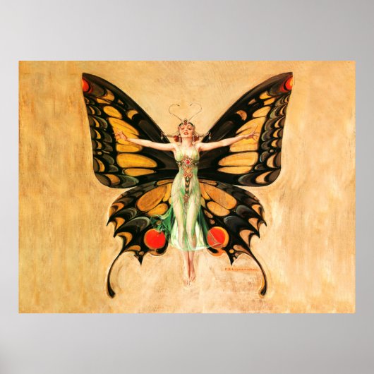Poster Illustration de femme volant papillon Flapper (Devant)