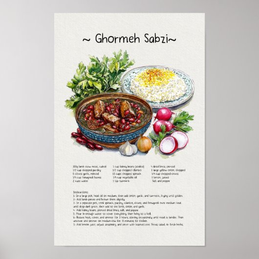 Poster Illustration de Ghormeh Sabzi, Art Perse (Devant)