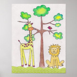 Poster Illustration de girafe et de lion mignons pour la