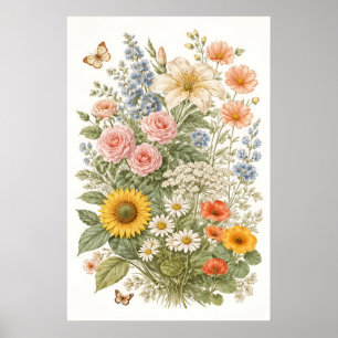 Poster Illustration de jardin de fleurs sauvages botaniqu