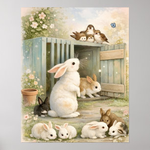 Poster Illustration de jardin vintage aux lapins Cottag