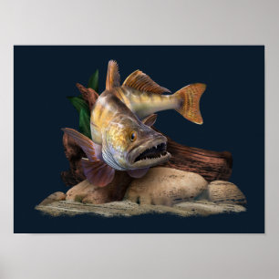 Poster Illustration de la pêche au walleye, pêcheur au wa