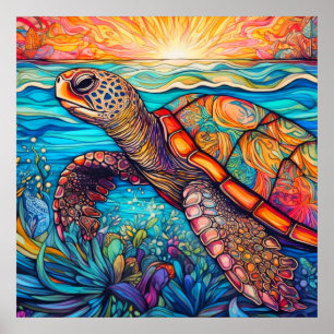 Poster Illustration de la tortue de mer en nage mignonne
