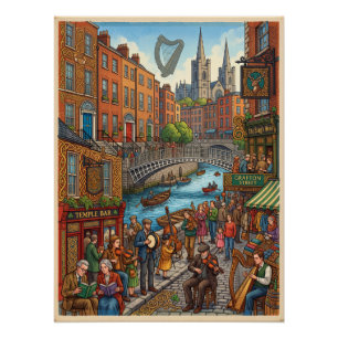 Poster Illustration de la vie de rue à Dublin et patrimoi