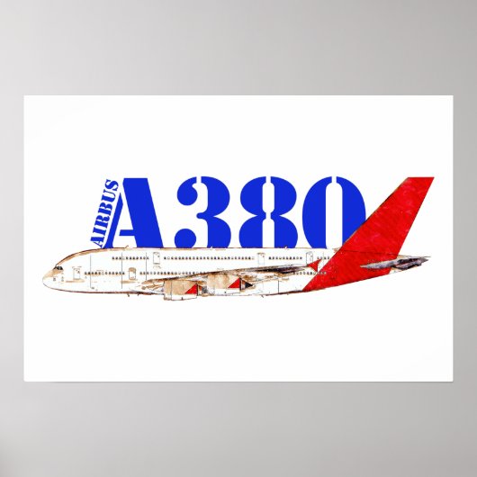 Poster Illustration de l'Airbus A380 avec une queue rouge (Devant)