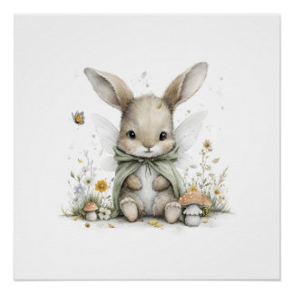 Poster Illustration de lapin fée à l'aquarelle douce