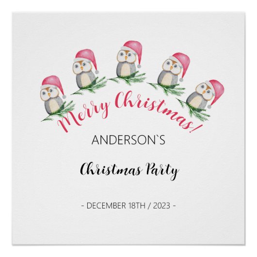 Poster Illustration de l'aquarelle des chouettes de Noël (Devant)