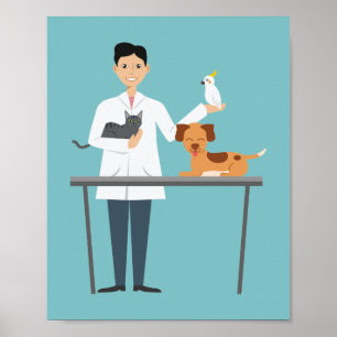 Poster Illustration de l'homme vétérinaire en bleu avec d