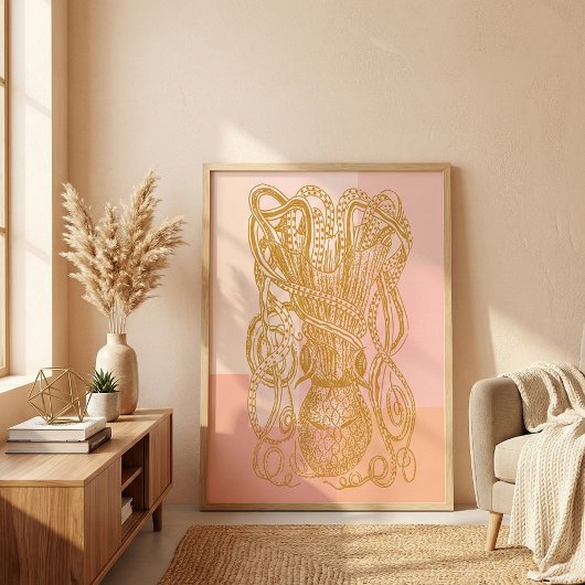 Poster Illustration de ligne de pieuvre vintage mignonne 