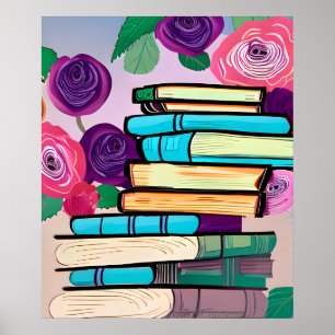 Poster Illustration de livres et de fleurs Art numérique