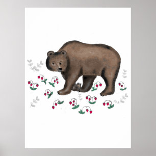 Poster Illustration De L'Ours Brown Et Des Fraises Forest
