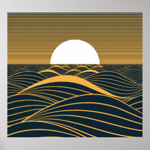 Poster Illustration de lune de soleil stylisée, mer sombr