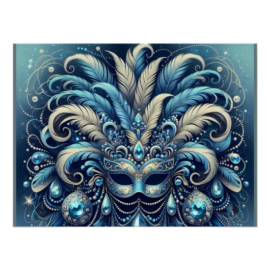 Poster Illustration de masque de bal masqué à plume bleue (Devant)