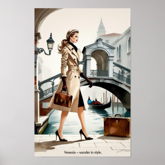 Poster Illustration de mode d'une femme traversant Venise (Devant)