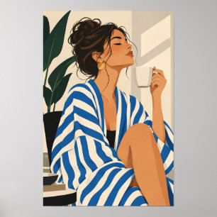 Poster Illustration de mode femme robe rayée bleue