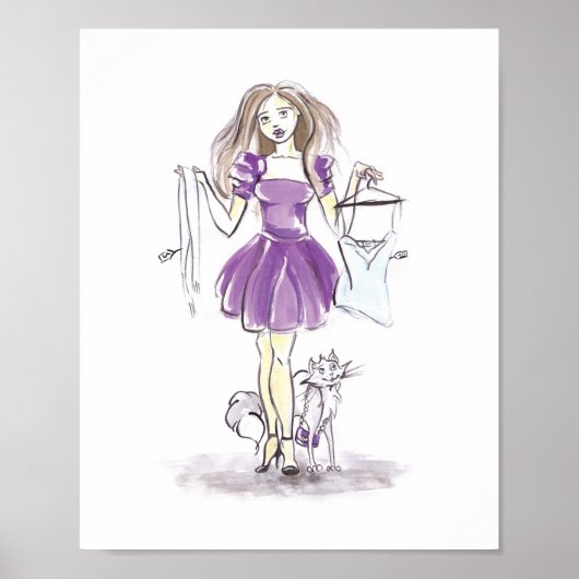 Poster Illustration de mode Shopping Fille Chat Aquarelle (Devant)