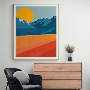 Poster Illustration de paysage montagneux rétro rouge ble