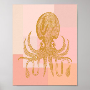 Poster Illustration de pieuvre mignonne en rose et or vin