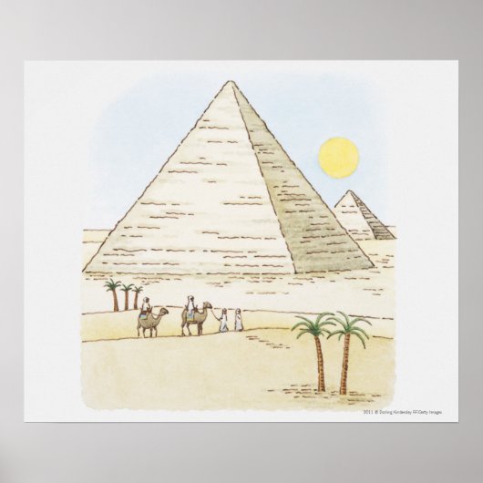 Poster Illustration de pyramides et d'hommes à chameaux (Devant)