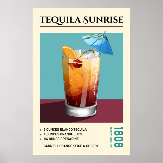 Poster Illustration de recette de cocktail Tequila Sunris (Devant)