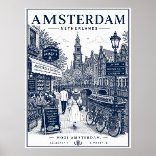 Poster Illustration de rue des vélos vintage des canaux d