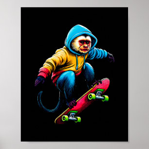 Poster Illustration de singe capucin funky cool en skateb