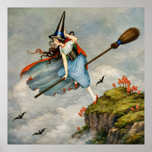 Poster Illustration de sorcière vintage en vol Cottagec